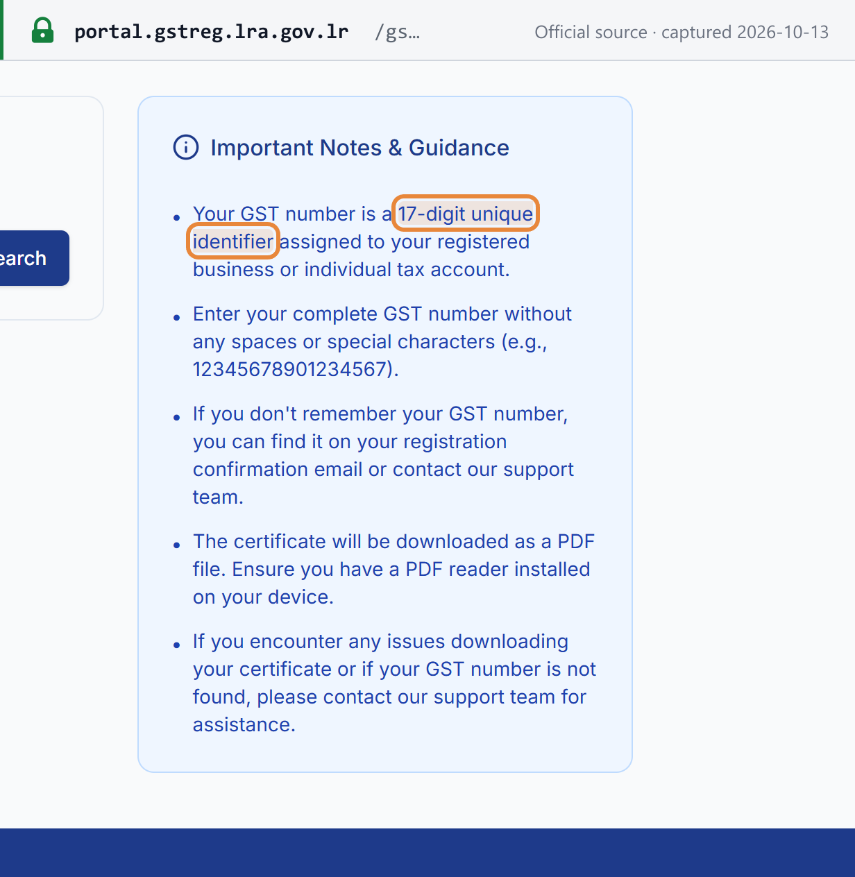 Source snapshot — LRA GST registration portal: your GST number is a 17-digit unique identifier
