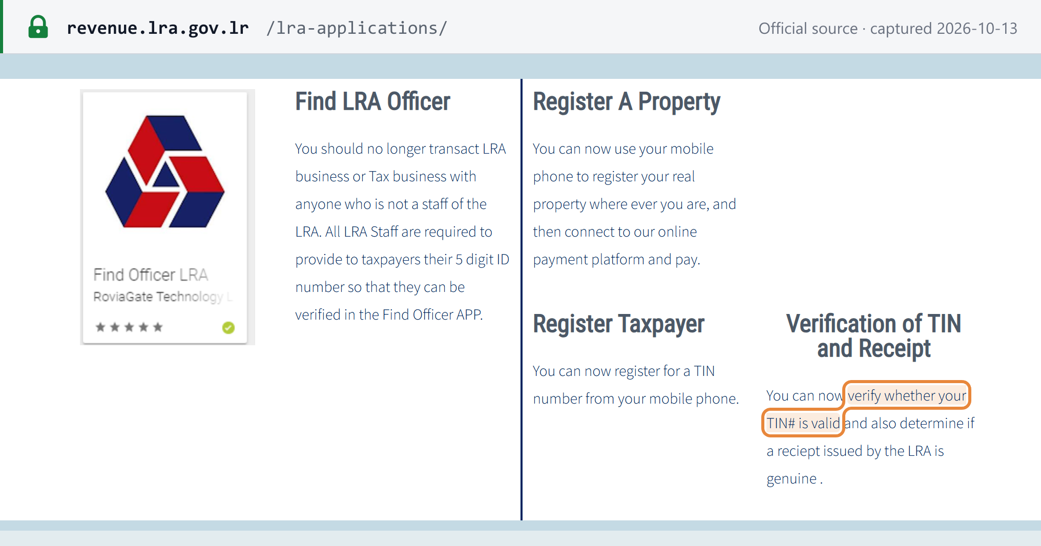 Source snapshot — LRA applications page: verify whether your TIN is valid and whether a receipt issued by the LRA is genuine