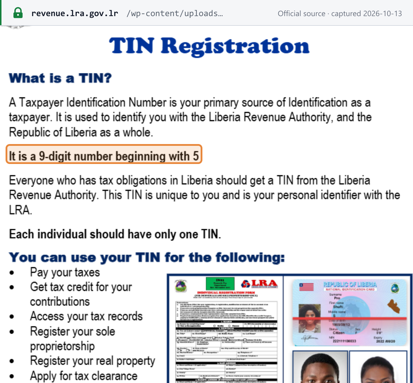 Source snapshot — LRA "TIN Registration" flyer: a Taxpayer Identification Number is a 9-digit number beginning with 5