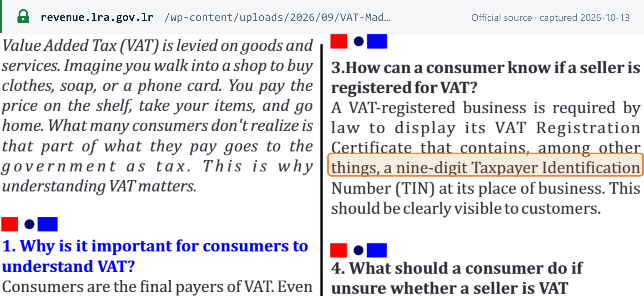Source snapshot — LRA "VAT Made Simple for Consumers" flyer: a VAT-registered business must display its VAT Registration Certificate, which contains a nine-digit Taxpayer Identification Number