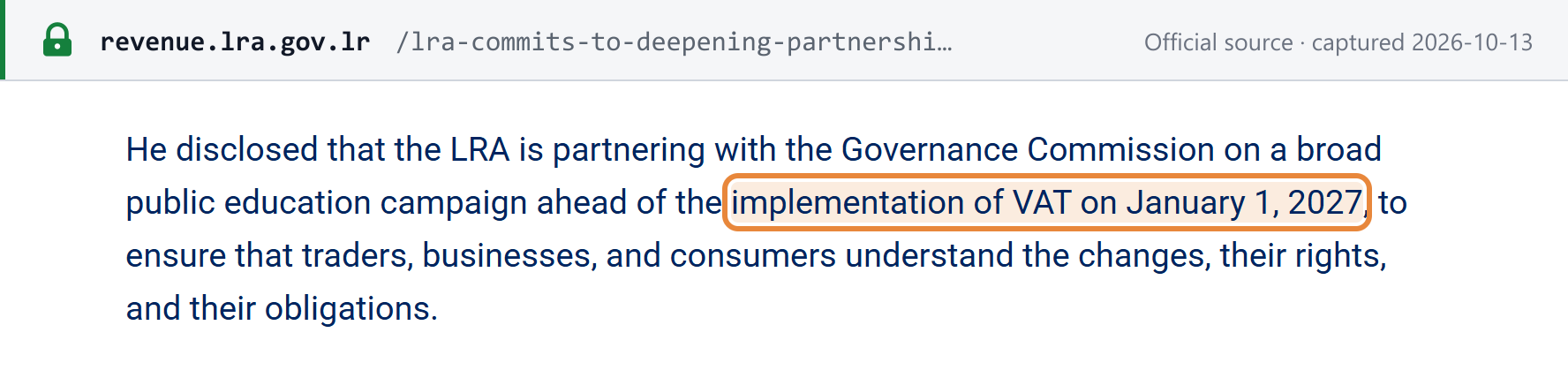 Source snapshot — LRA news, 29 September 2026: a public education campaign ahead of the implementation of VAT on January 1, 2027
