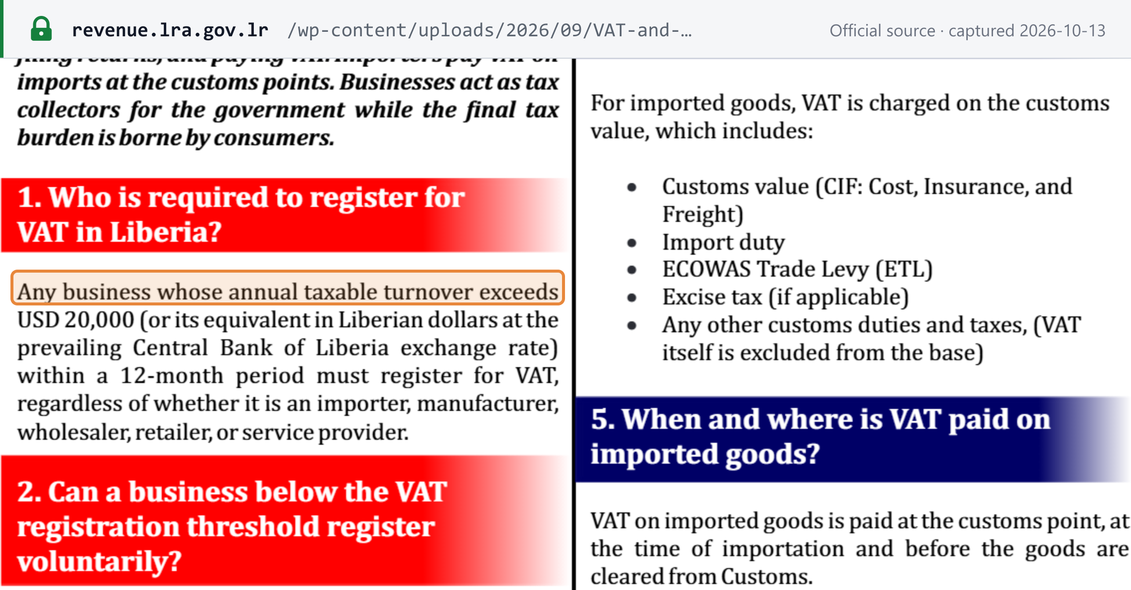 Source snapshot — LRA "VAT and Businesses in Liberia" flyer: any business whose annual taxable turnover exceeds USD 20,000 within a 12-month period must register for VAT