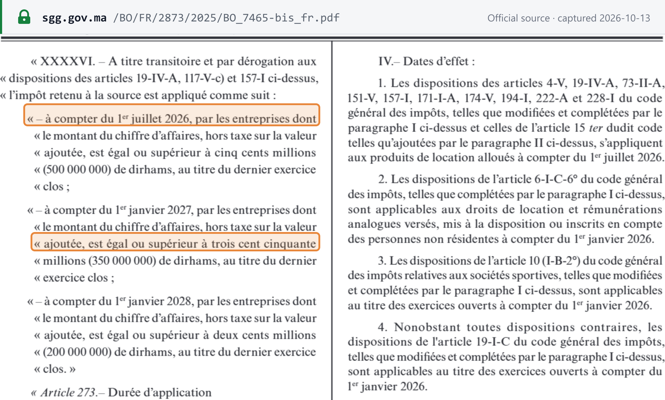 Source snapshot — Bulletin officiel n° 7465 bis (16 December 2025), p.3841, left column: withholding by companies with turnover of MAD 500 million or more from 1 July 2026, MAD 350 million from 1 January 2027 and MAD 200 million from 1 January 2028