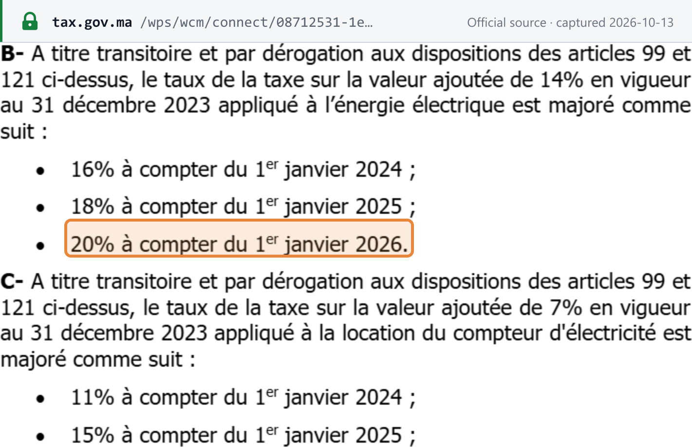 Source snapshot — CGI 2026, art. 247-XXXXI-B (p.479): the 14% rate on electricity rises to 16% in 2024, 18% in 2025 and 20% from 1 January 2026