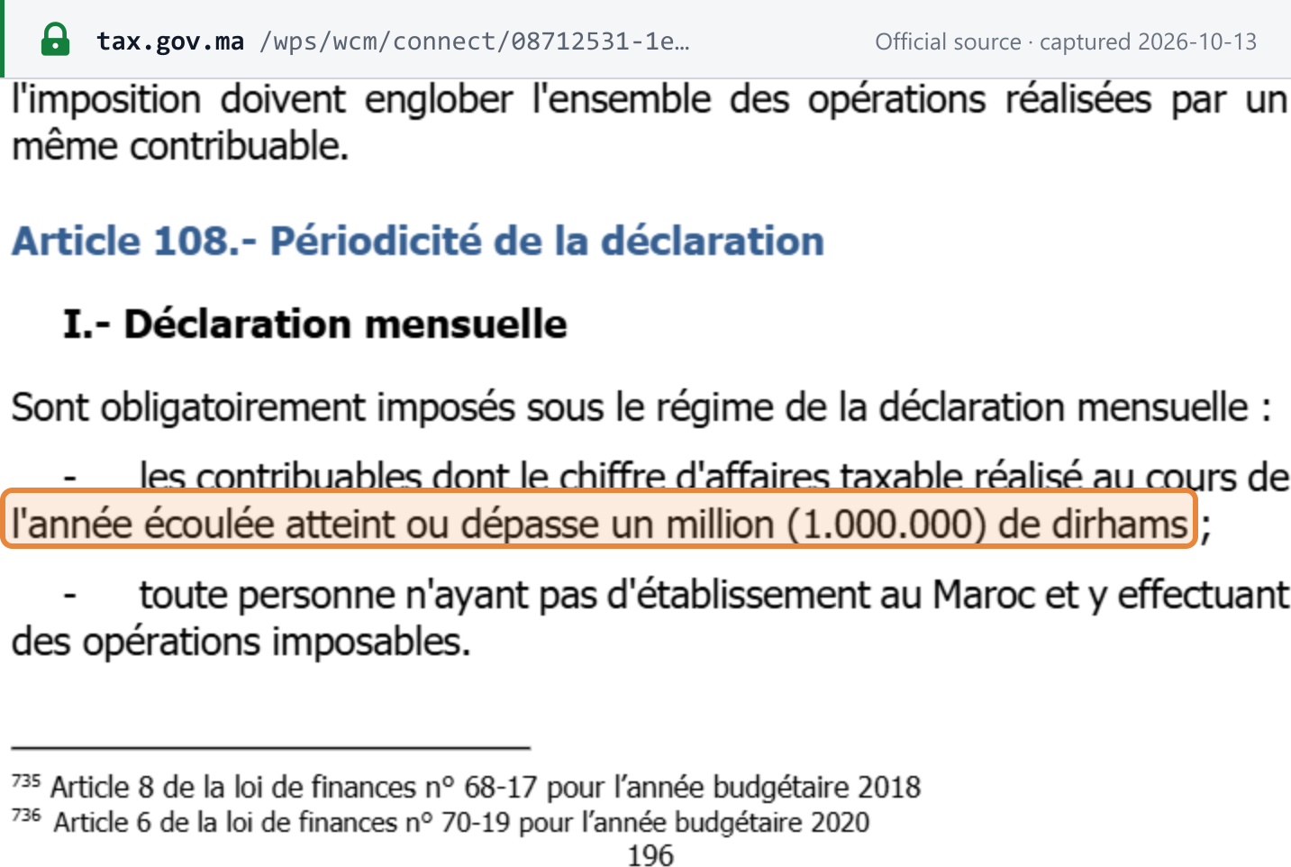 Source snapshot — CGI 2026, art. 108-I (p.196): monthly filing is compulsory where prior-year taxable turnover reaches MAD 1,000,000, and for any person without an establishment in Morocco