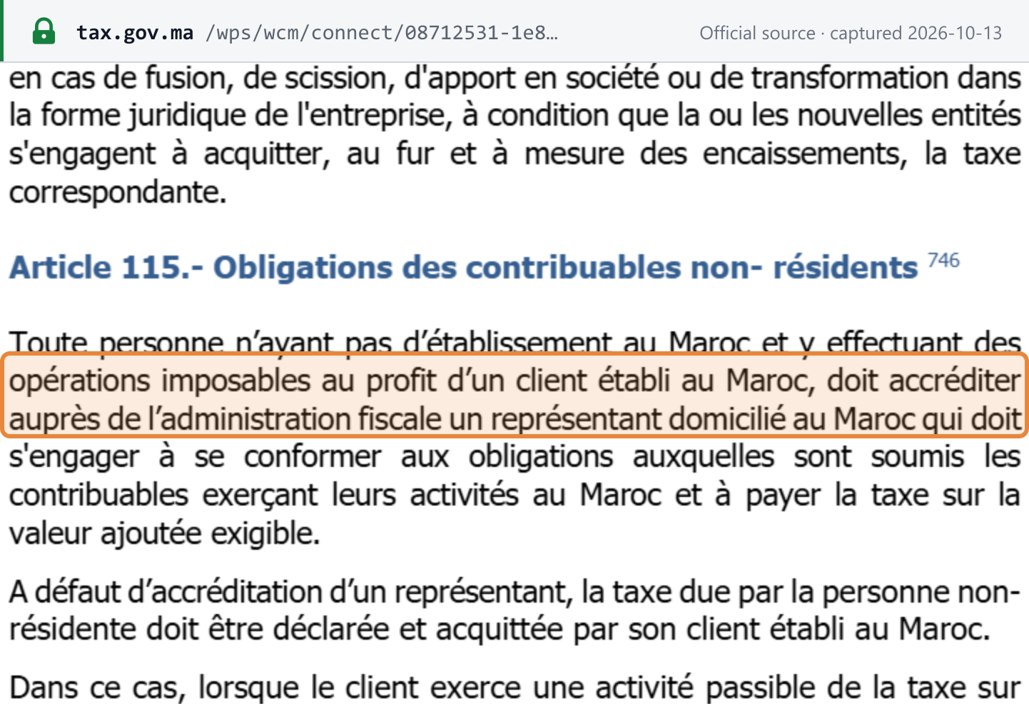 Source snapshot — CGI 2026, art. 115 (p.200): a person with no establishment in Morocco making taxable supplies to a client established there must accredit a representative domiciled in Morocco