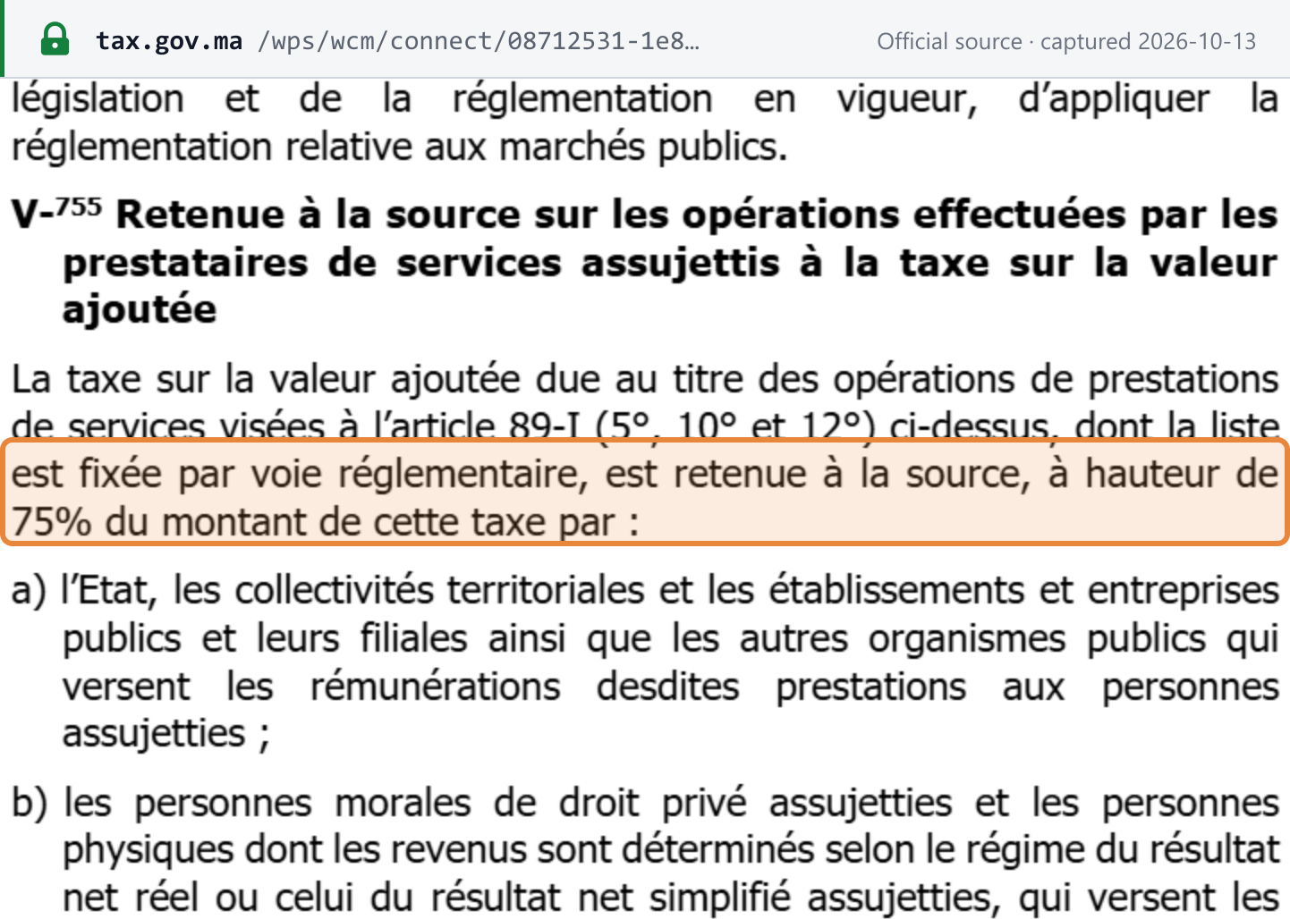 Source snapshot — CGI 2026, art. 117-V (p.203): VAT on the listed services is withheld at source at 75% of the tax