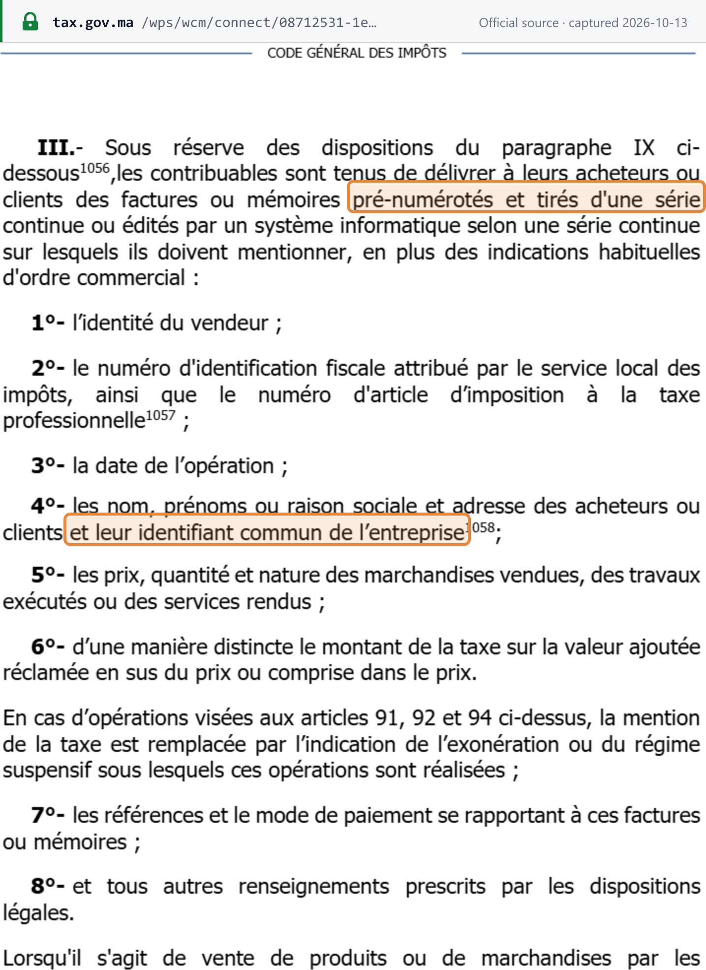 Source snapshot — CGI 2026, art. 145-III (p.271): invoices pre-numbered in a continuous series, with items 1° to 8° including the buyer's identifiant commun de l'entreprise (4°)