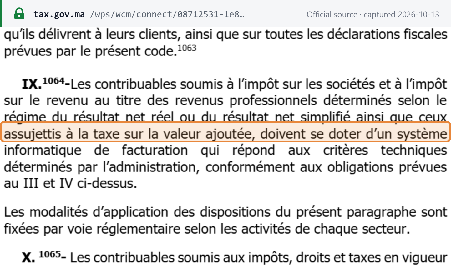 Source snapshot — CGI 2026, art. 145-IX (p.274): taxpayers must adopt a computerised invoicing system meeting technical criteria set by the administration; the details are fixed by regulation for each sector