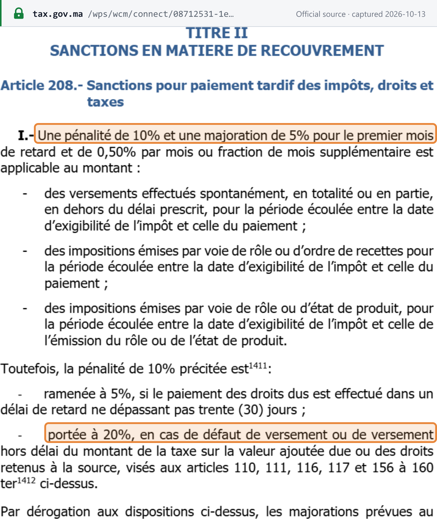 Source snapshot — CGI 2026, art. 208-I (p.367): a 10% penalty plus 5% for the first month and 0.50% per further month; the 10% is raised to 20% for VAT and withheld tax not paid or paid late