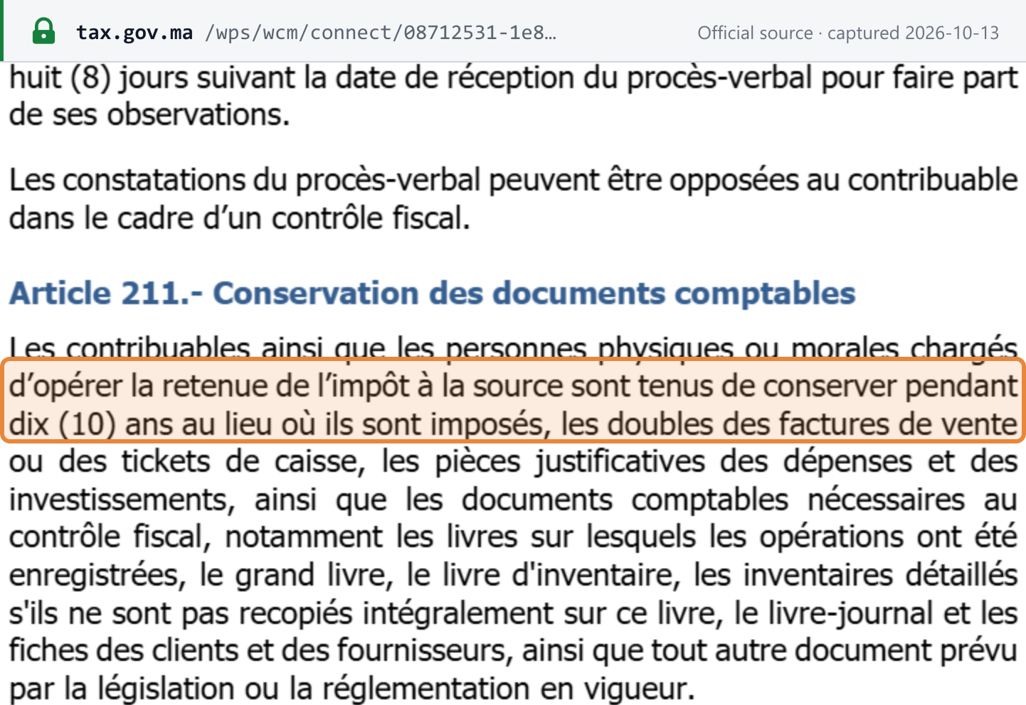 Source snapshot — CGI 2026, art. 211 (p.373): copies of sales invoices and cash receipts must be kept for ten years at the place of taxation