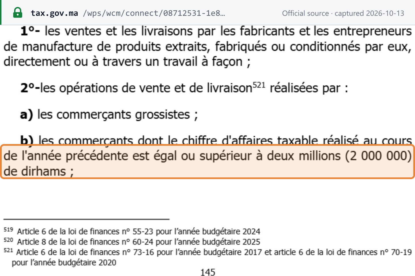 Source snapshot — CGI 2026, art. 89-I-2°-b (p.145): retailers are liable to VAT where prior-year taxable turnover is MAD 2,000,000 or more