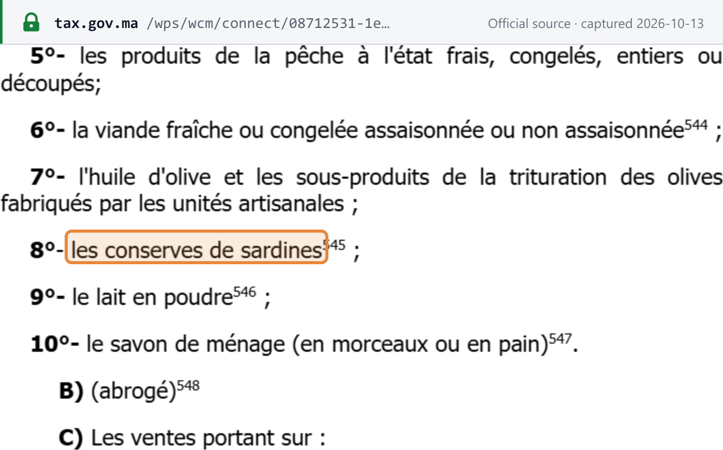 Source snapshot — CGI 2026, art. 91 (p.149): sardine conserves (8°), milk powder (9°) and household soap (10°) listed as exempt