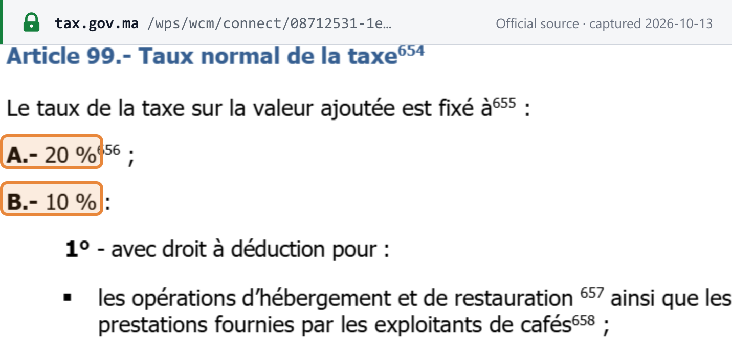 Source snapshot — CGI 2026, art. 99 (p.178): the VAT rate is fixed at A.- 20% and B.- 10% (both boxed)