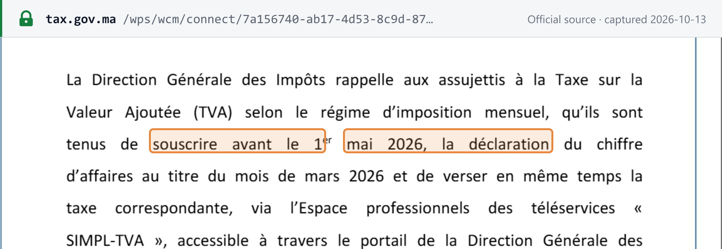Source snapshot — DGI communiqué (April 2026): monthly VAT filers must file the March 2026 return before 1 May 2026 and pay the tax at the same time through SIMPL-TVA