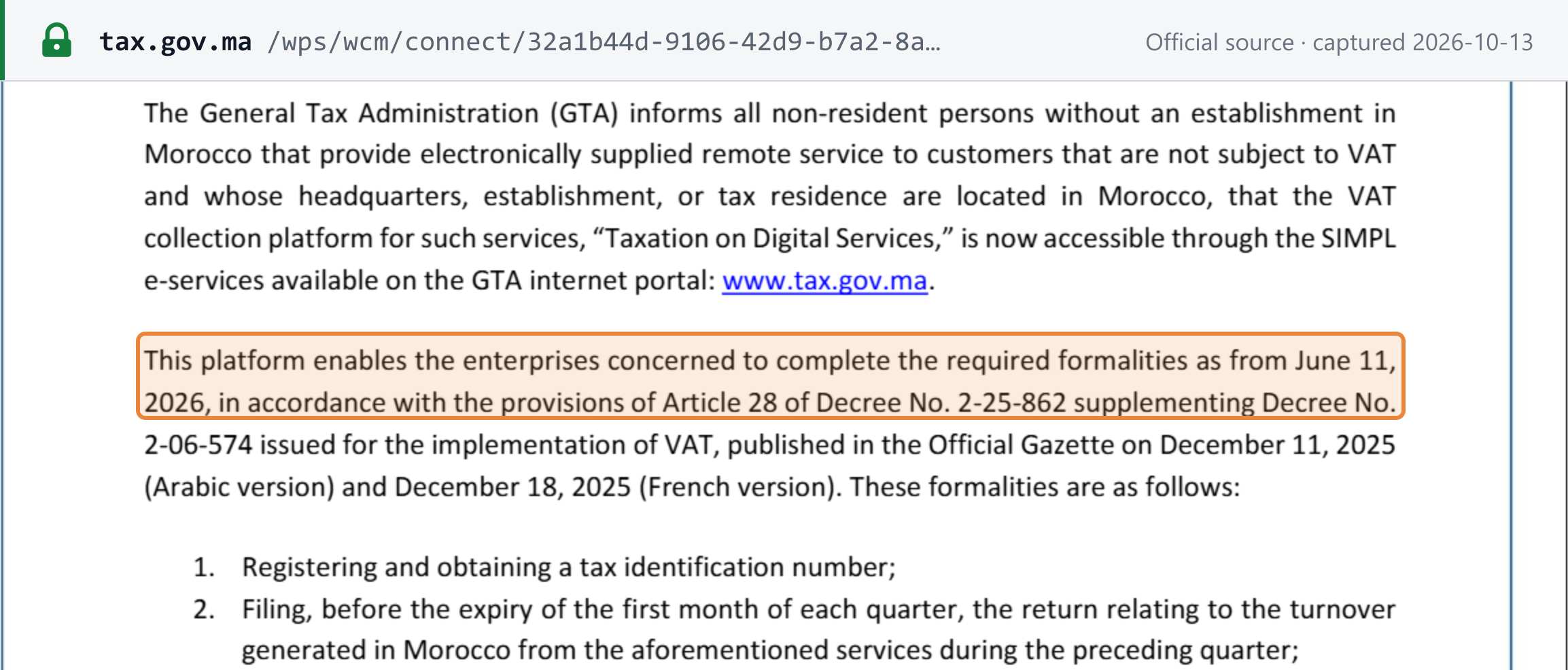 Source snapshot — DGI press release (14 May 2026): the Taxation on Digital Services platform lets the enterprises concerned complete the formalities as from 11 June 2026