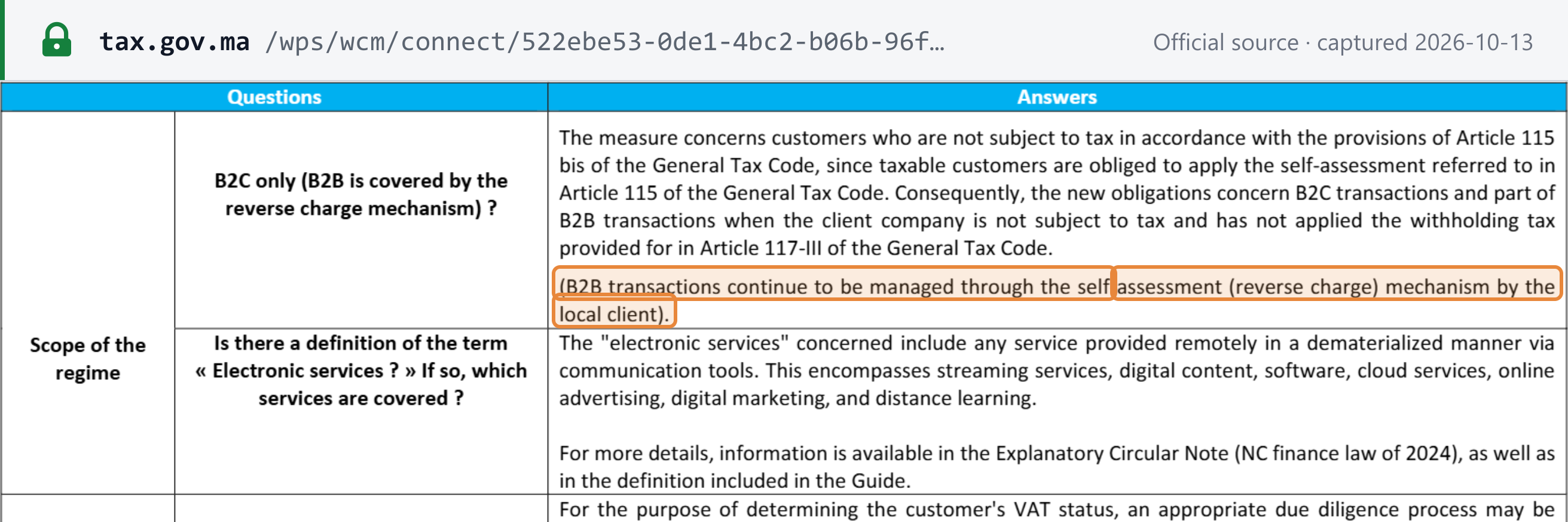Source snapshot — DGI digital-services Q&amp;A, p.2: B2B transactions continue to be managed through the self-assessment (reverse charge) mechanism by the local client