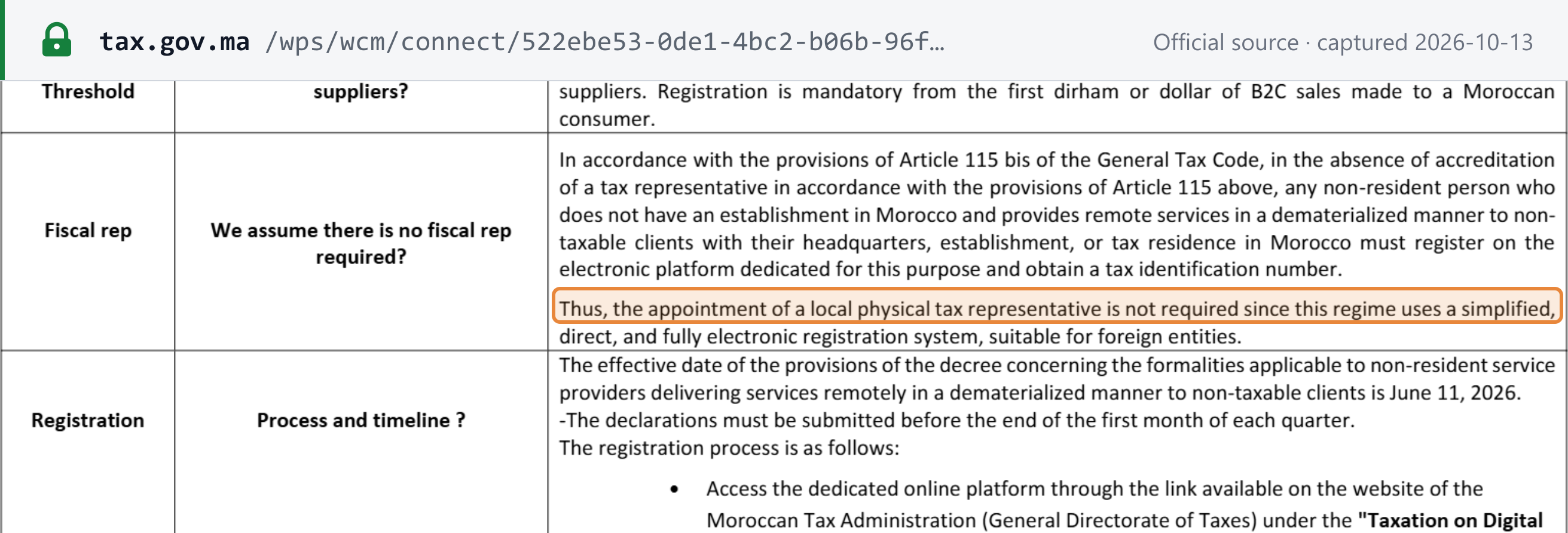 Source snapshot — DGI digital-services Q&amp;A, p.3: the appointment of a local physical tax representative is not required; formalities apply from 11 June 2026 and returns are due before the end of the first month of each quarter