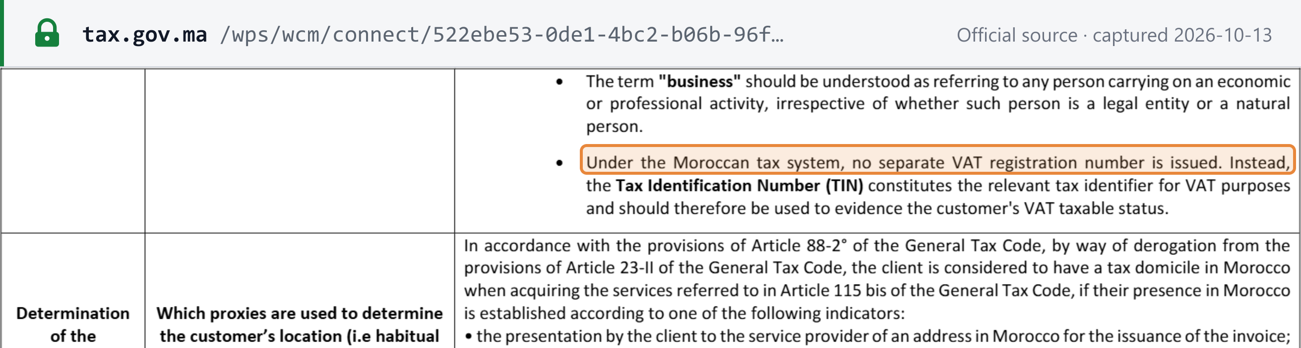 Source snapshot — DGI digital-services Q&amp;A, p.3: no separate VAT registration number is issued; the Tax Identification Number is the identifier for VAT purposes