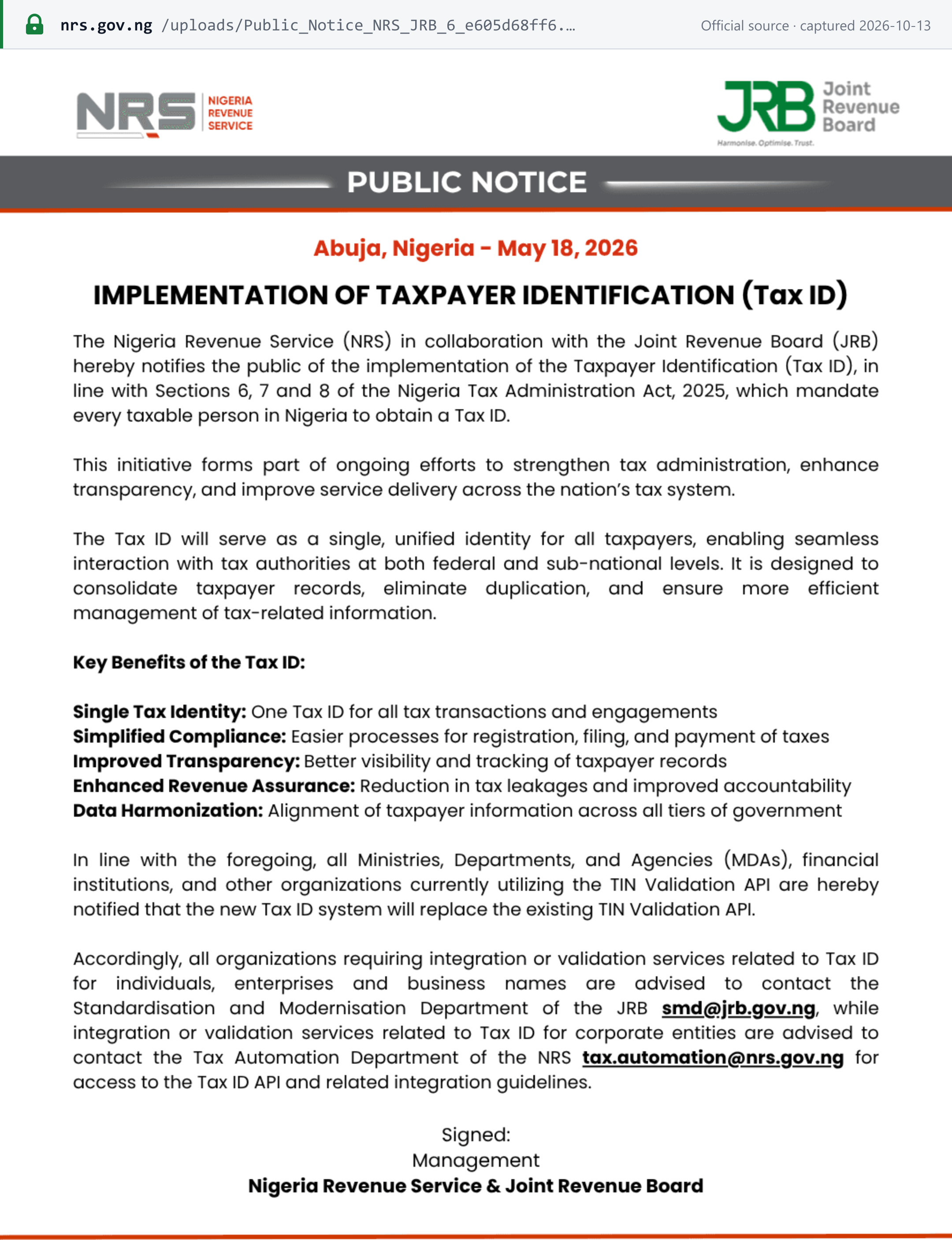 Source snapshot — NRS and Joint Revenue Board public notice of 18 May 2026: every taxable person must obtain a Tax ID, and the new Tax ID system replaces the existing TIN Validation API