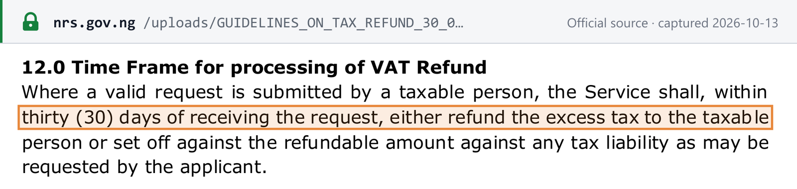 Source snapshot — NRS refund guidelines (Information Circular 2026/17): the Service refunds or sets off a valid request within thirty days of receiving it