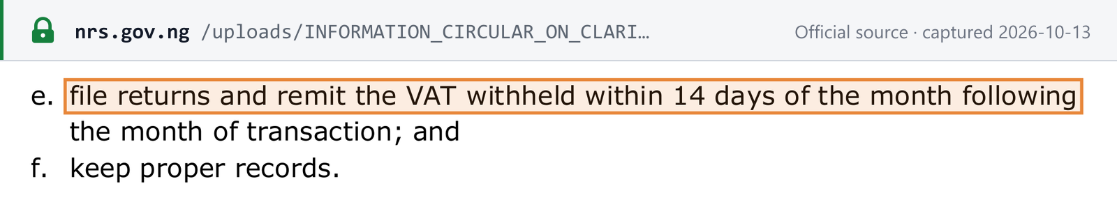 Source snapshot — NRS Information Circular 2026/05, section 8.0(e): a taxable person must file returns and remit the VAT withheld within 14 days of the month following the month of transaction