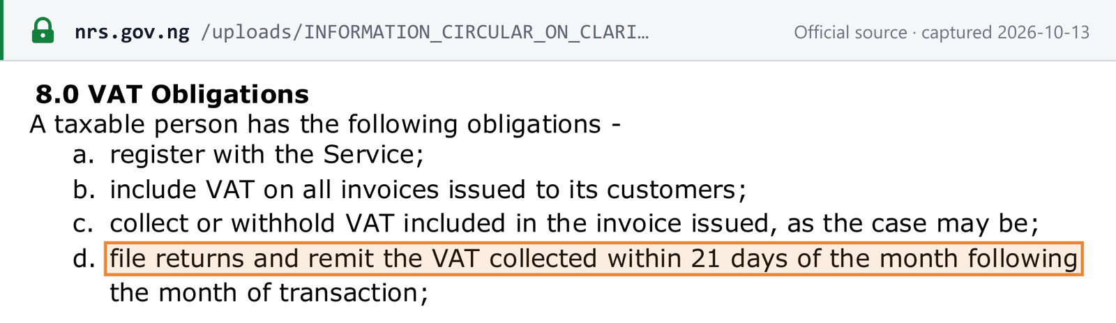 Source snapshot — NRS Information Circular 2026/05, section 8.0(d): a taxable person must file returns and remit the VAT collected within 21 days of the month following the month of transaction