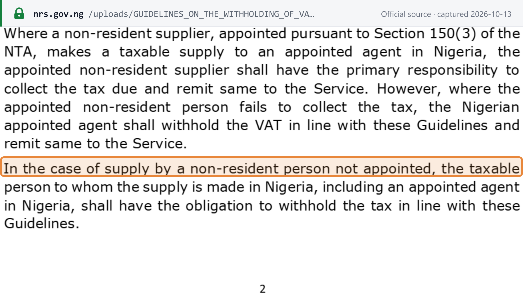 Source snapshot — NRS withholding guidelines (Information Circular 2026/18): where a non-resident supplier has not been appointed, the Nigerian customer must withhold the VAT
