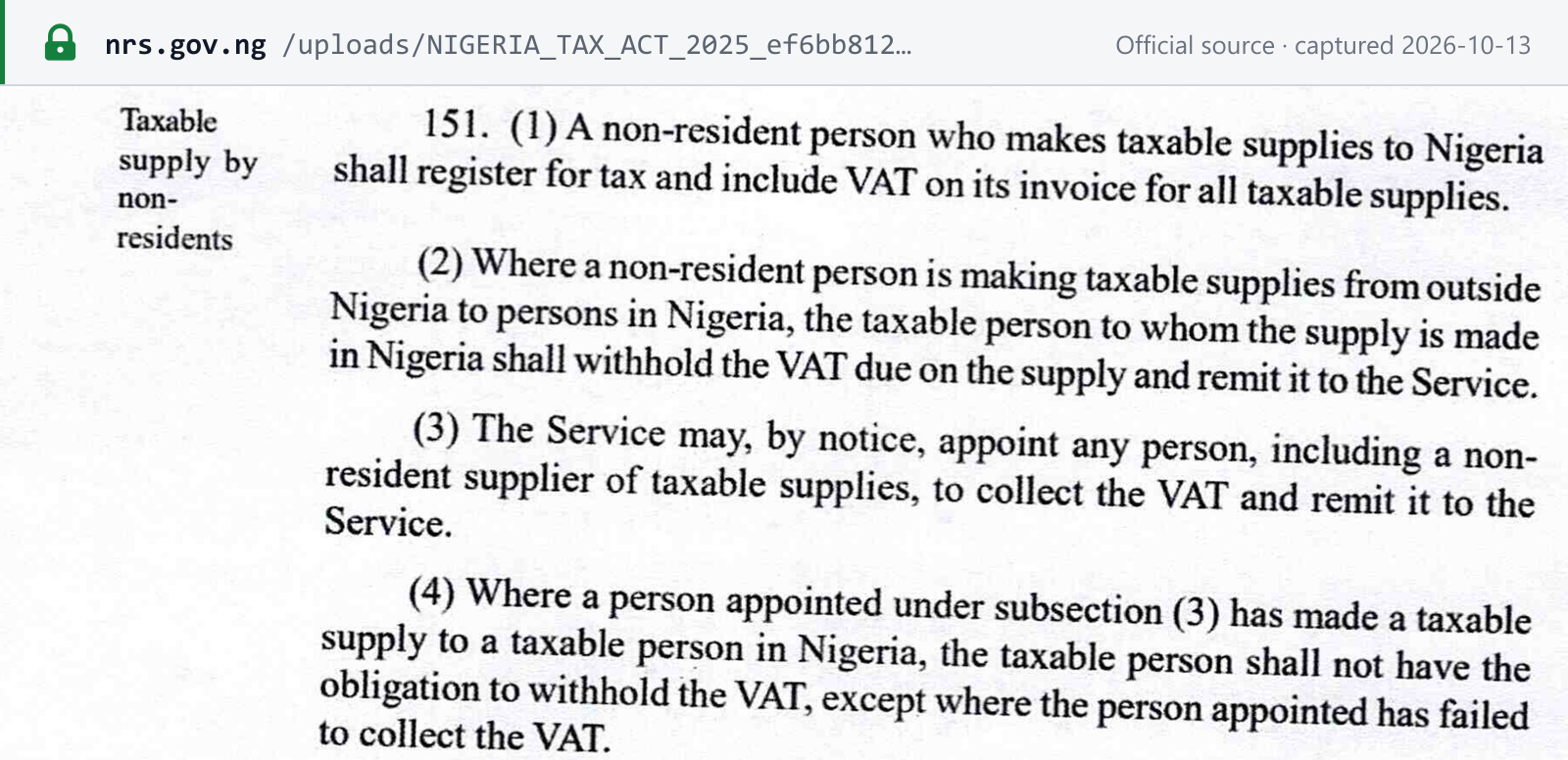 Source snapshot — Nigeria Tax Act 2025 (gazette p. A476), section 151(1)–(4): non-residents register and include VAT on their invoices; the Nigerian customer withholds the VAT unless an appointed collector has collected it