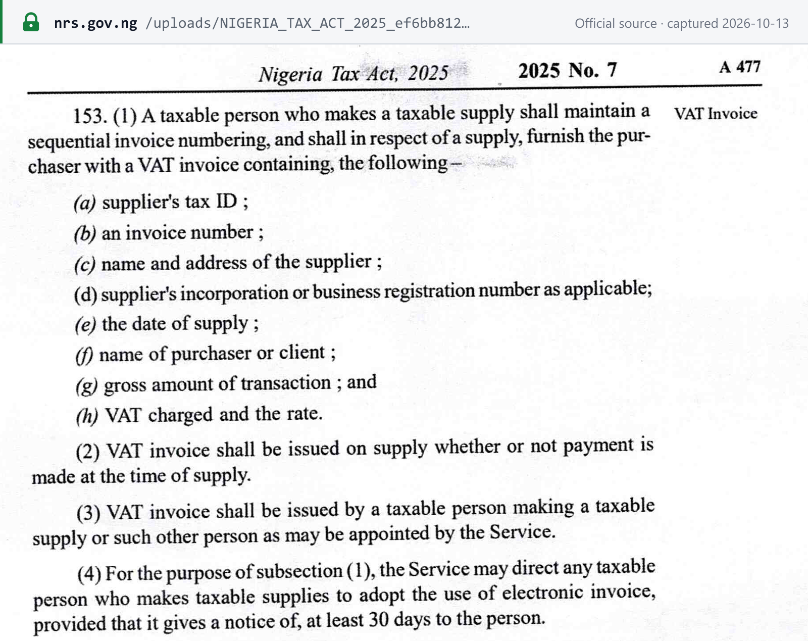 Source snapshot — Nigeria Tax Act 2025 (gazette p. A477), section 153(1)–(4): sequential invoice numbering, the eight VAT-invoice particulars, issue on supply, and the NRS power to require e-invoicing on 30 days' notice