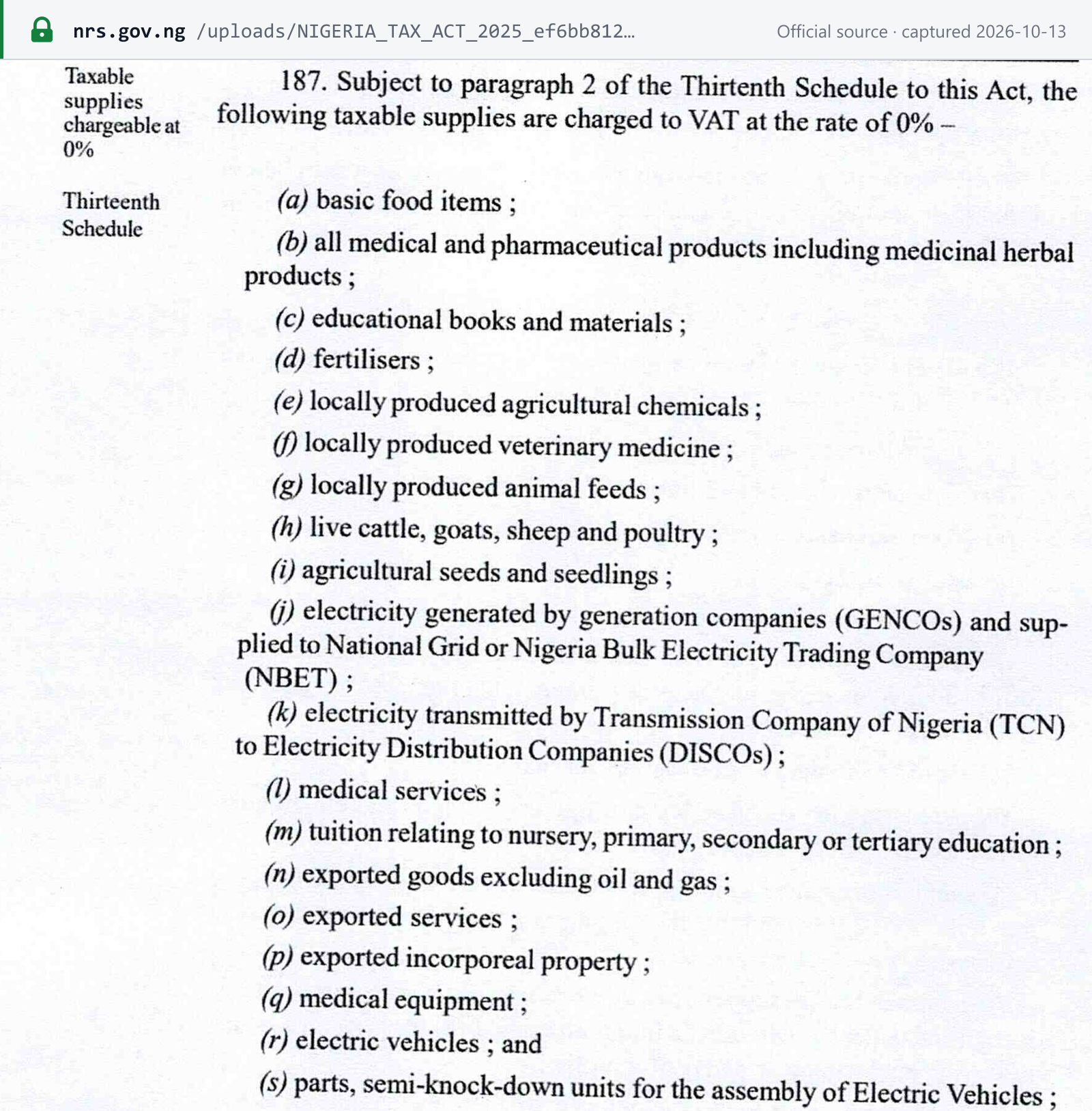 Source snapshot — Nigeria Tax Act 2025 (gazette p. A494), section 187: the taxable supplies charged to VAT at 0%, from basic food items to exported goods (excluding oil and gas) and exported services