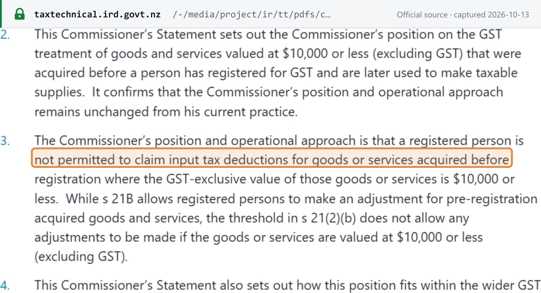 Source snapshot — Inland Revenue CS 26/02 (summary): the statement covers goods and services valued at NZD 10,000 or less excluding GST that were acquired before GST registration