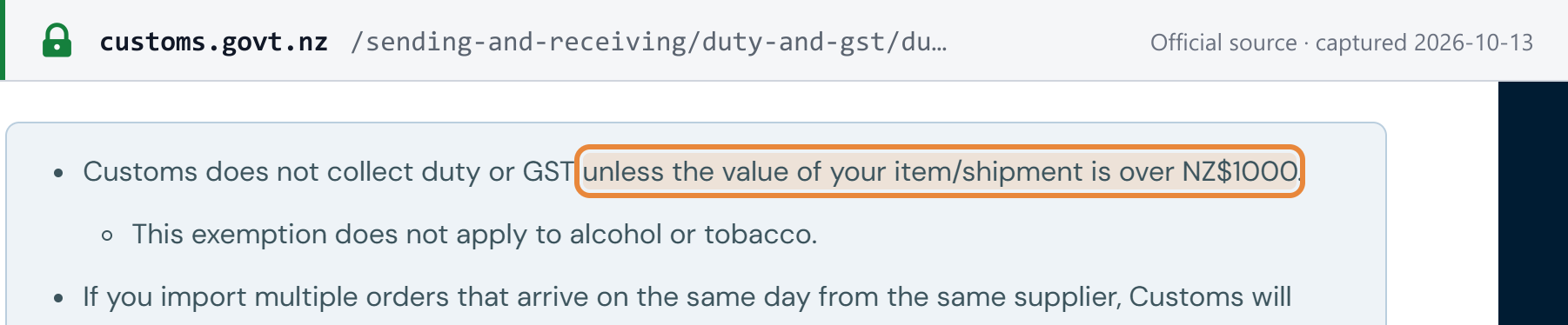 Source snapshot — New Zealand Customs: no duty or GST unless the item or shipment is over NZD 1,000; alcohol and tobacco excepted