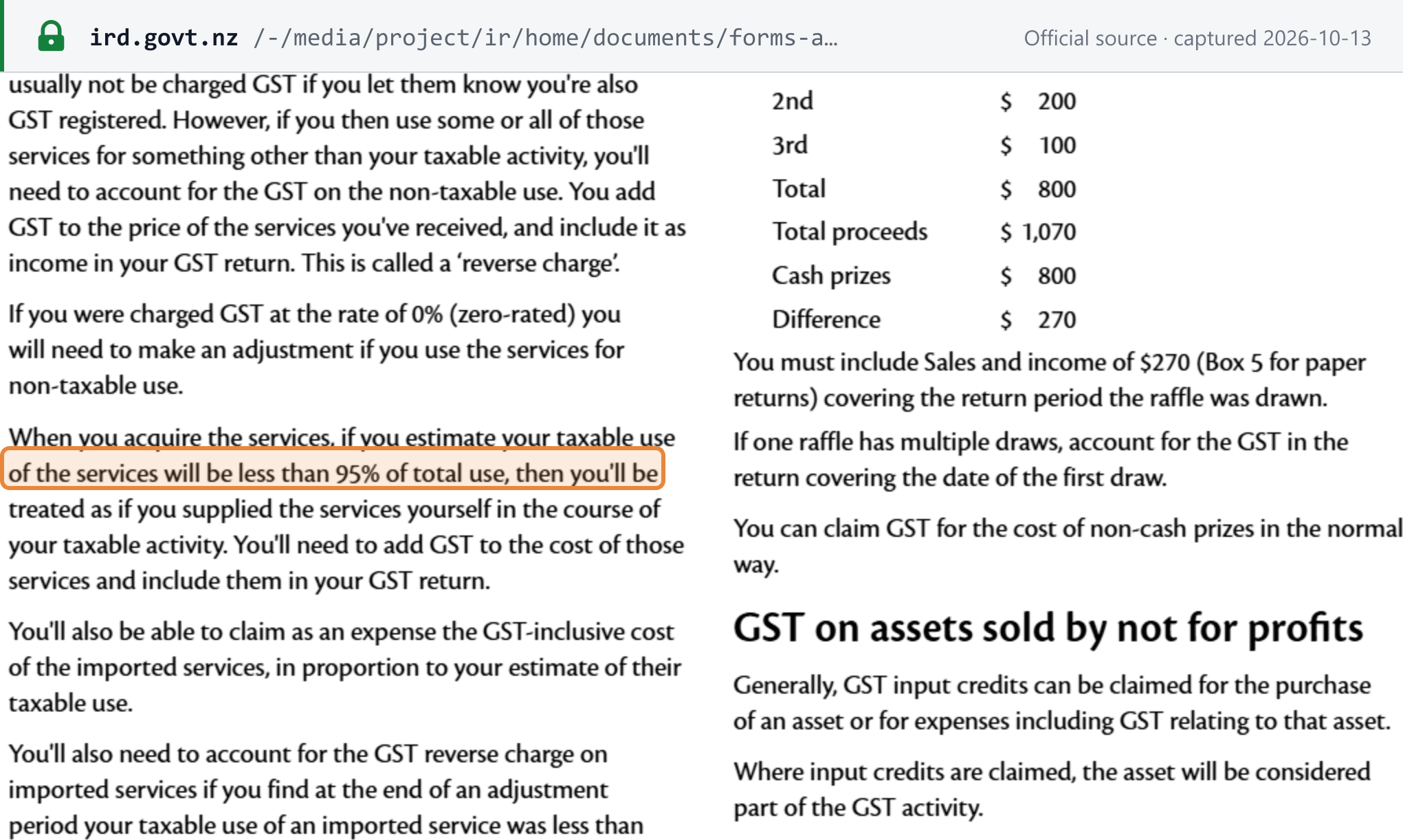 Source snapshot — Inland Revenue IR546, p.13: a registered recipient is treated as supplying imported services itself if it estimates taxable use will be less than 95% of total use