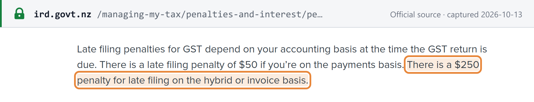 Source snapshot — Inland Revenue: GST late filing penalty of NZD 50 on the payments basis and NZD 250 on the hybrid or invoice basis