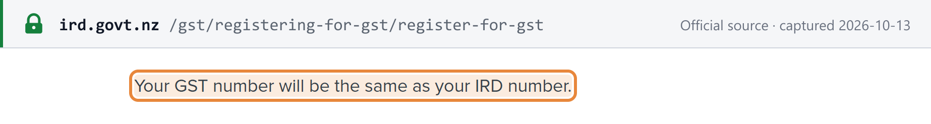 Source snapshot — Inland Revenue: your GST number will be the same as your IRD number