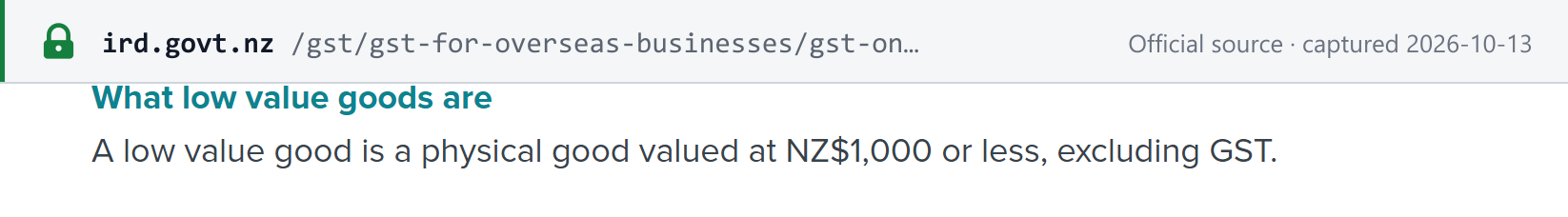 Source snapshot — Inland Revenue: a low-value good is a physical good valued at NZD 1,000 or less, excluding GST