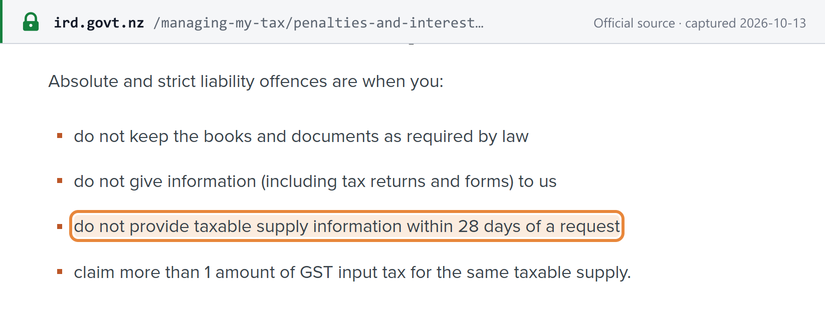 Source snapshot — Inland Revenue: not providing taxable supply information within 28 days of a request is an absolute or strict liability offence