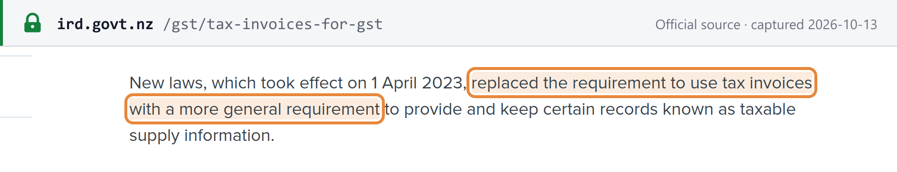 Source snapshot — Inland Revenue: from 1 April 2023 the requirement to use tax invoices was replaced by taxable supply information