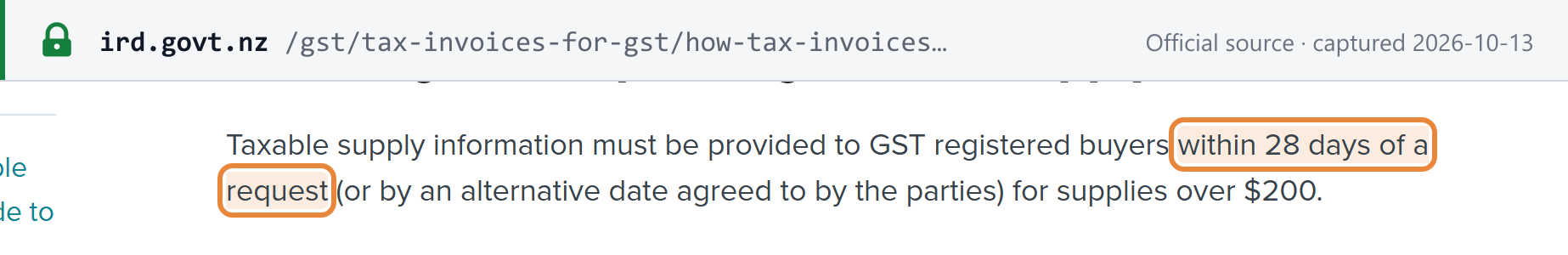 Source snapshot — Inland Revenue: taxable supply information must be provided to GST-registered buyers within 28 days of a request