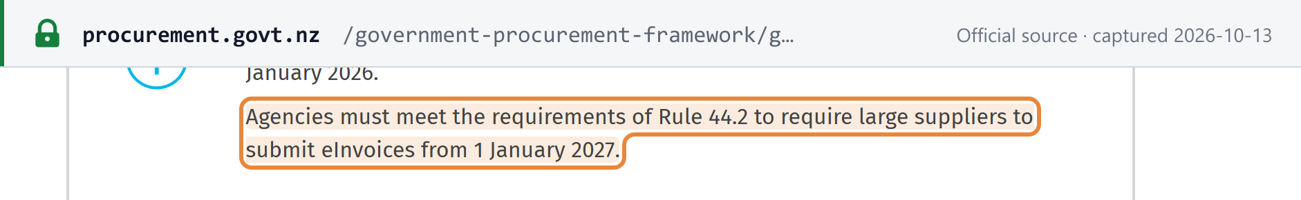 Source snapshot — Government Procurement Rule 44: agencies must require large suppliers to submit e-invoices from 1 January 2027