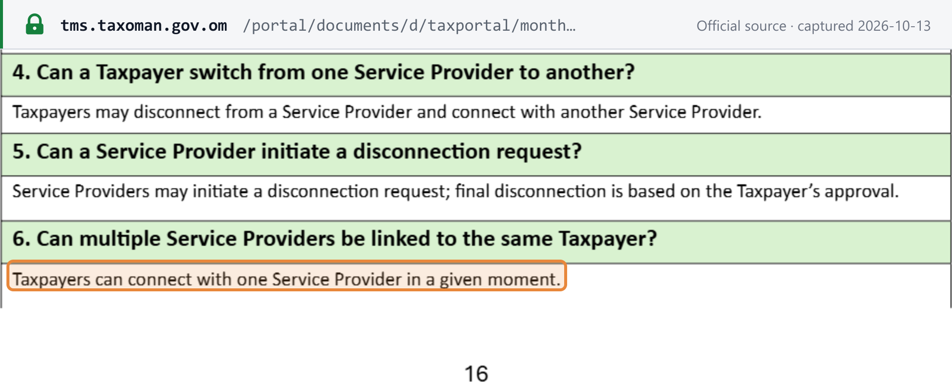 Source snapshot — OTA Fawtara FAQ, 30 September 2026, §6.1: taxpayers can switch providers but connect with one Accredited Service Provider at a time
