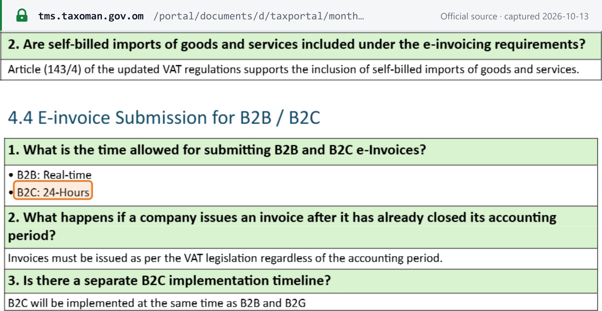 Source snapshot — OTA Fawtara FAQ, 30 September 2026, §4.3–4.4: B2B in real time and B2C within 24 hours; B2C implemented at the same time as B2B and B2G; self-billed imports included under Article 143/4
