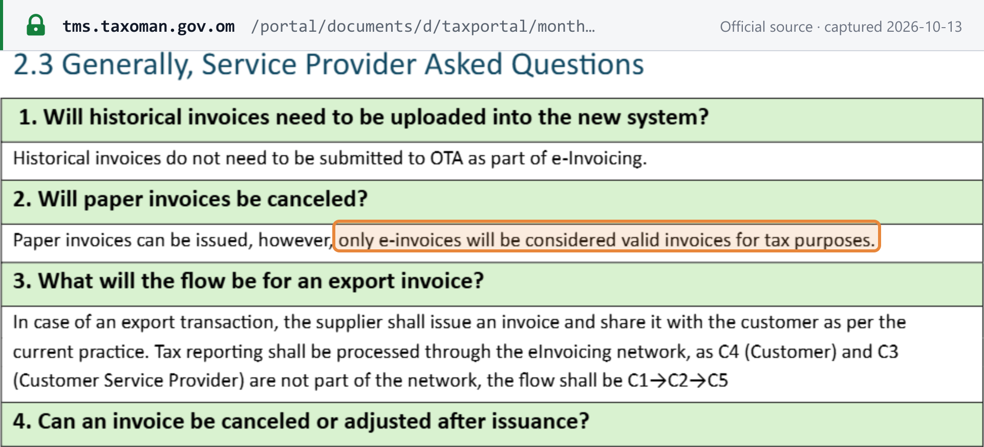 Source snapshot — OTA Fawtara FAQ, 30 September 2026, §2.3: historical invoices are not resubmitted; paper invoices can be issued but only e-invoices are valid for tax purposes; exports are reported C1→C2→C5