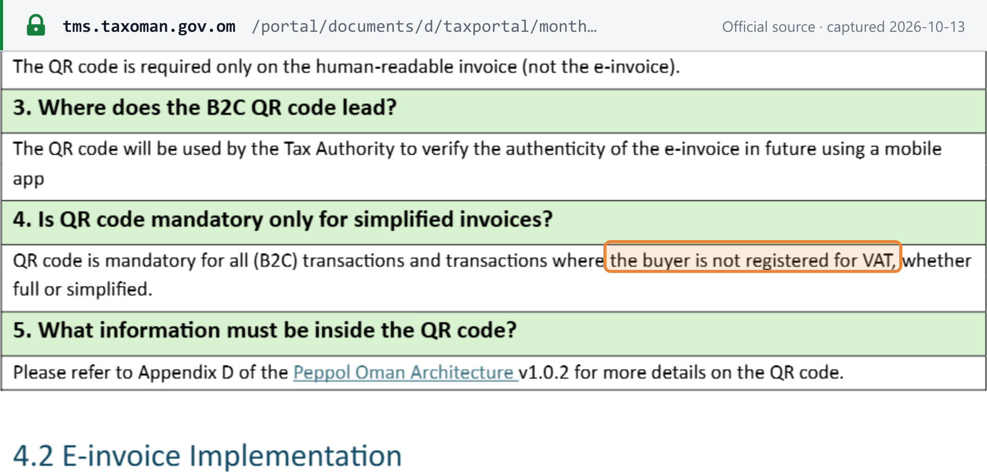 Source snapshot — OTA Fawtara FAQ, 30 September 2026, §4.1: QR code mandatory for B2C and for buyers not registered for VAT, on the human-readable invoice only