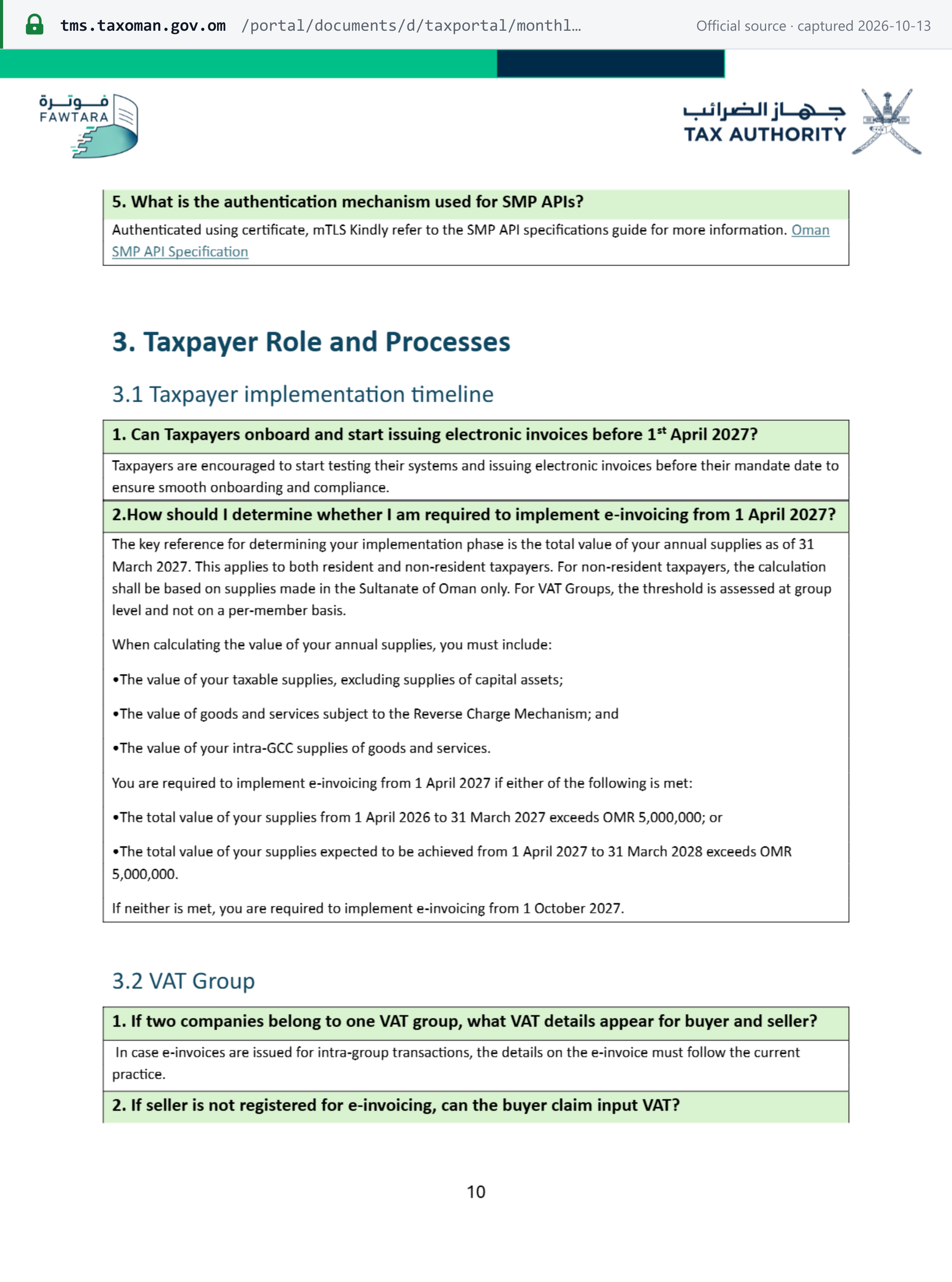 Source snapshot — OTA Fawtara FAQ, 30 September 2026, §3.1: the implementation phase depends on annual supplies as of 31 March 2027, for residents and non-residents, assessed at VAT-group level
