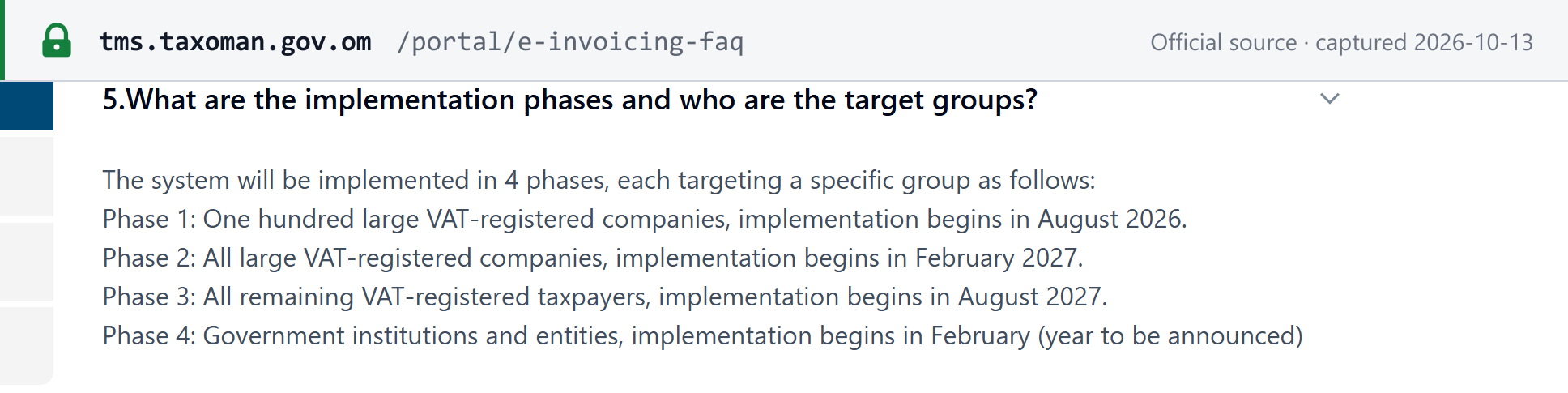 Source snapshot — OTA e-invoicing FAQ web page, 13 October 2026: still shows the earlier four-phase plan starting with 100 large companies in August 2026
