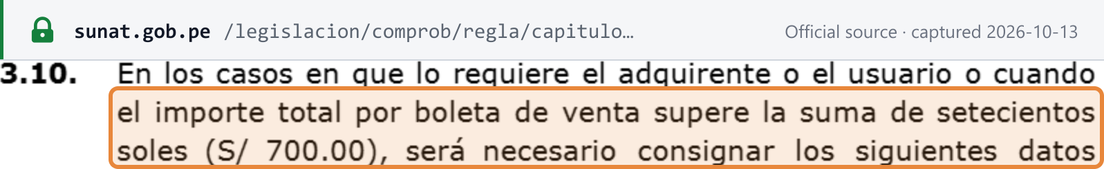 Source snapshot — Reglamento de Comprobantes de Pago, article 8: where the buyer asks, or the total of a boleta exceeds S/ 700.00, the buyer's identification must be shown