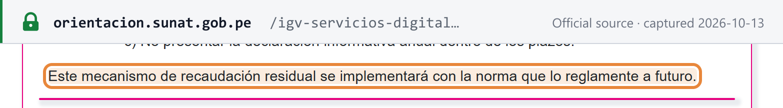 Source snapshot — SUNAT, IGV on digital services: this residual collection mechanism will be implemented with the regulation that governs it in future