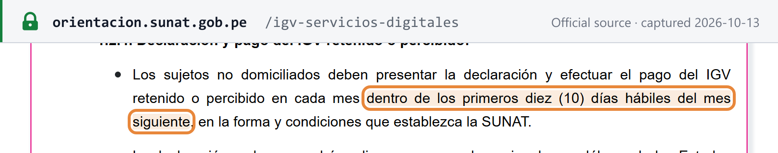 Source snapshot — SUNAT, IGV on digital services: non-domiciled suppliers must file and pay the IGV withheld or collected each month within the first ten working days of the following month